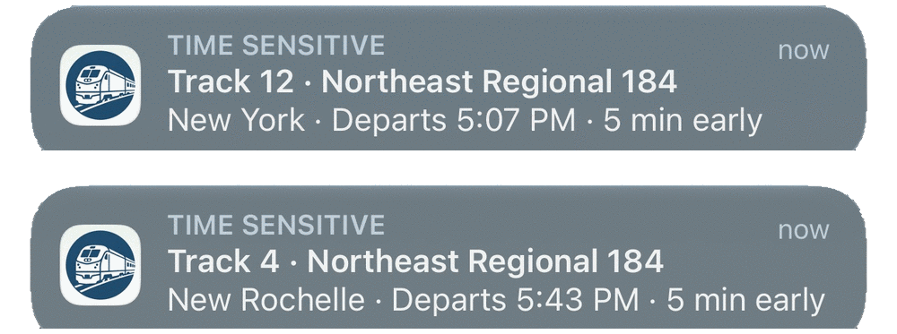 Two TrackWatch track notifications on the Lock Screen: Track 12 for Northeast Regional 184 at New York, and Track 4 at New Rochelle