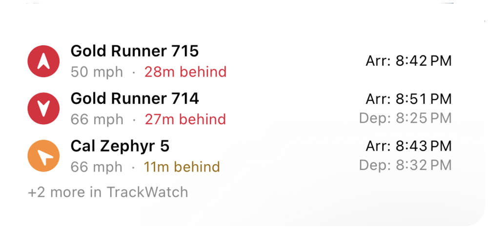 The medium TrackWatch widget: three trains with speed, delay and arrival times