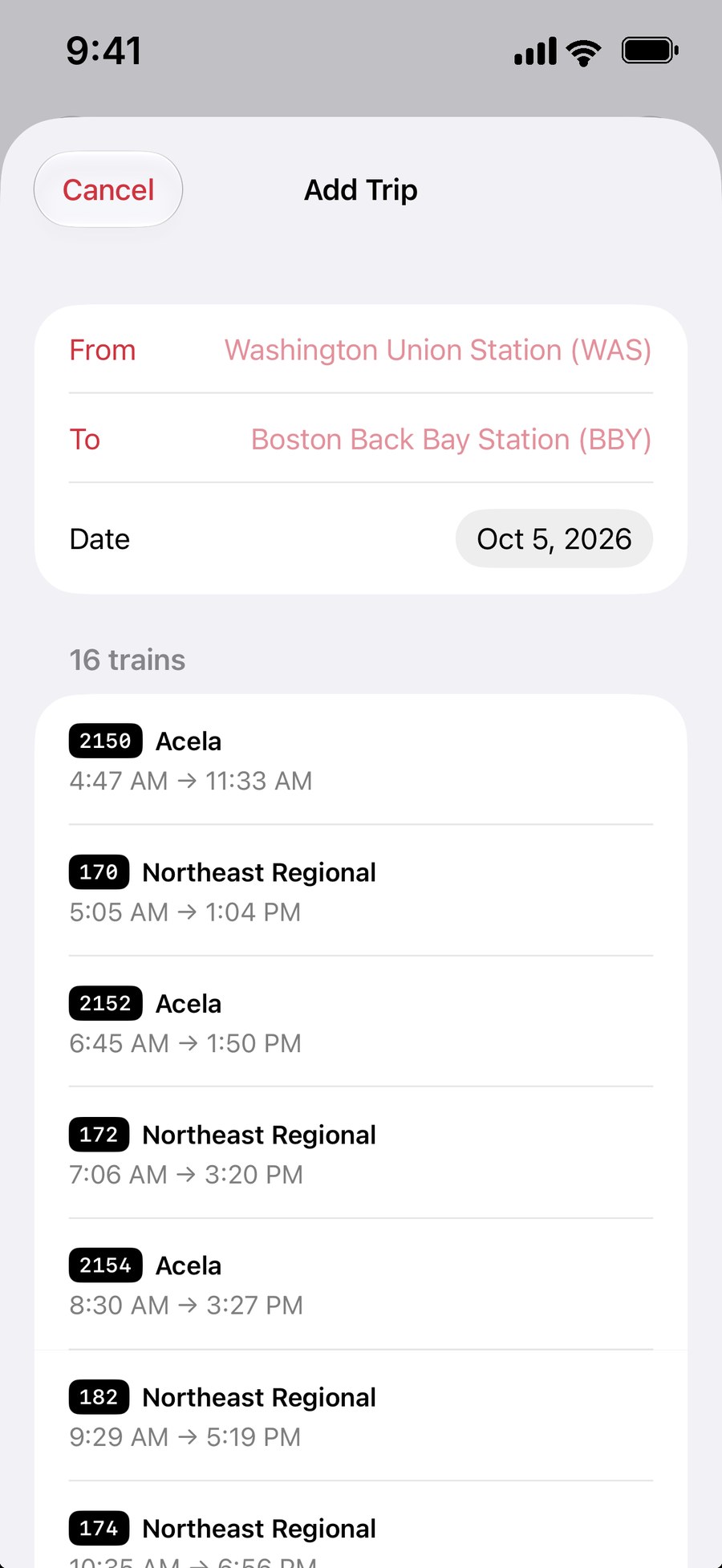 TrackWatch Add Trip sheet: Washington Union Station to Boston Back Bay on Oct 5, listing 16 trains with their departure and arrival times