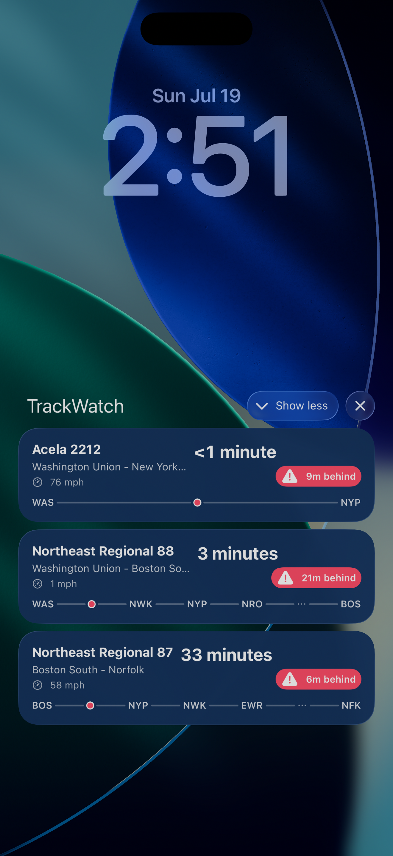 TrackWatch Lock Screen Live Activity showing a train's route line and track number