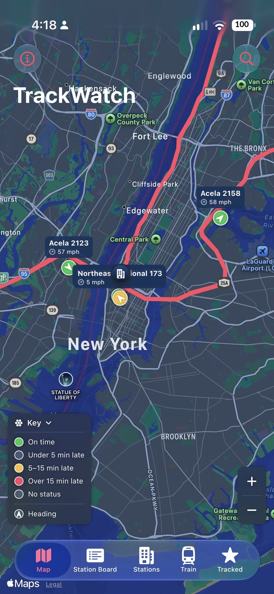 TrackWatch live map of trains around New York with delay-coloured markers and a legend