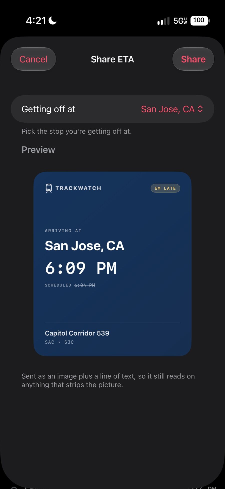 TrackWatch Share ETA sheet previewing an arrival card for San Jose